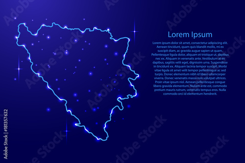 Fotografi Map Bosnia and Herzegovina from the contours network blue, luminous space stars