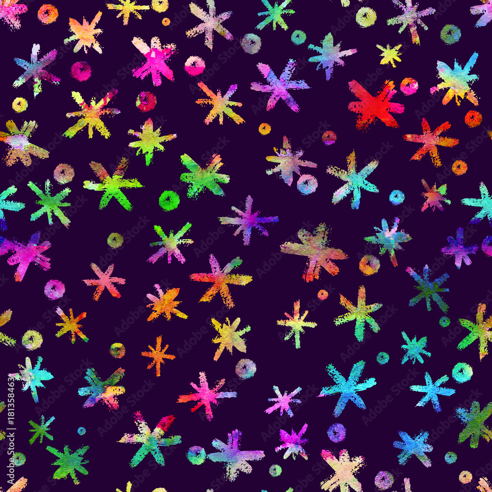 Watercolor Seamless pattern with hand drawn snowflakes. Abstract brush strokes. Ink illustration. Rainbow on violet background. . New year and Christmas fabric design. Holiday print. Rainbow color Watercolor Seamless pattern with hand drawn snowflakes. Abstract brush strokes. Ink illustration. Rainbow on violet background. . New year and Christmas fabric design. Holiday print. Rainbow color