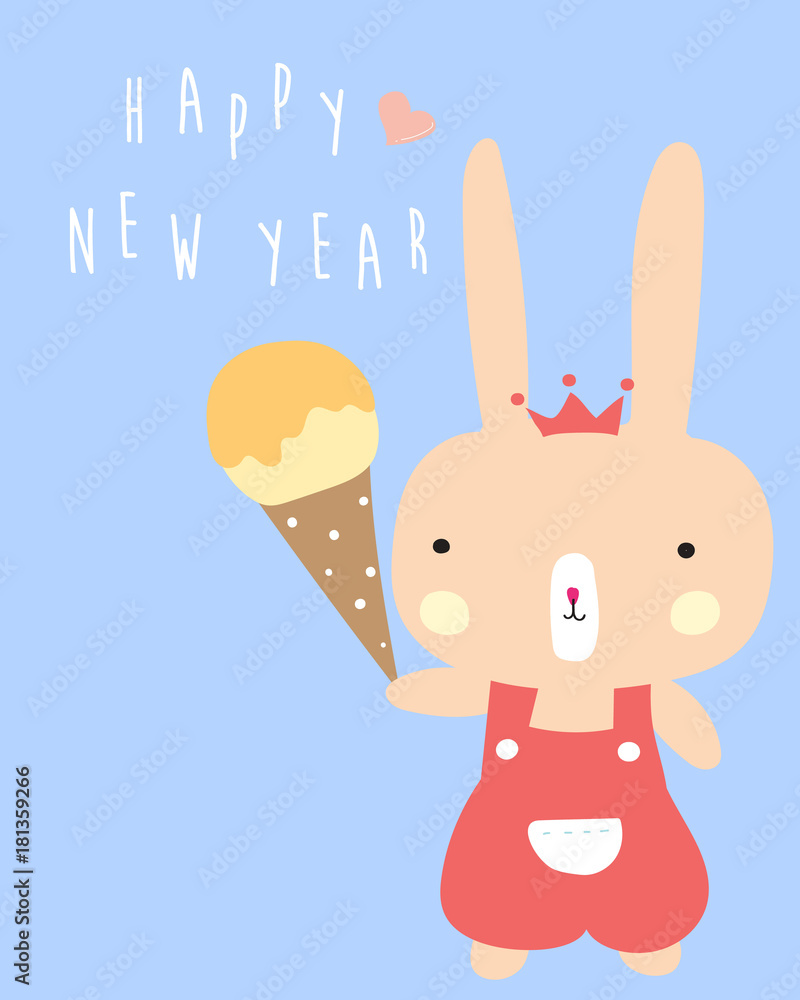 Blue pastel greeting card with rabbit holds ice cream and happy new year wording Blue pastel greeting card with rabbit holds ice cream and happy new year wording