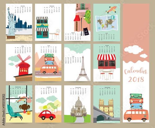 Colorful pastel monthly calendar 2018 with travel,vacation,van,air plane and eiffel tower in france.Can be used for web,banner,poster,label and printable
