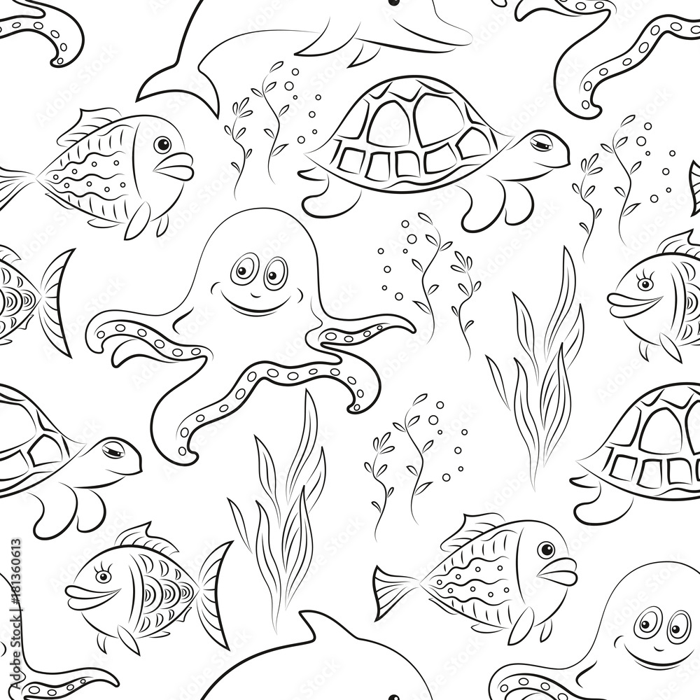 Seamless Pattern, Cartoon Sea Creatures, Dolphin, Fish, Turtle, Octopus and Algae Black Contours Isolated on White Tile Background. Vector Seamless Pattern, Cartoon Sea Creatures, Dolphin, Fish, Turtle, Octopus and Algae Black Contours Isolated on White Tile Background. Vector