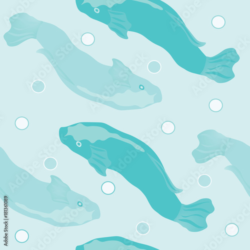 Blue fish seamless pattern with polka dots on light background vector.
