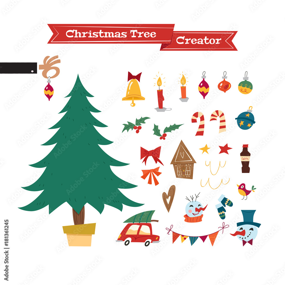 Christmas collection of decorative objects in mid-century style: tree, garland, lanterns, balls, ginger biscuits, snowman, bow, candy. Xmas Tree Creator. Vector seasonal design easy editable.
