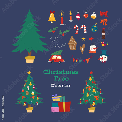Christmas Tree Creator. Holiday kit with decorative Xmas objects: tree, garland, lanterns, balls, ginger biscuits, snowman, bow, candy. Retro style. Vector seasonal design easy editable.