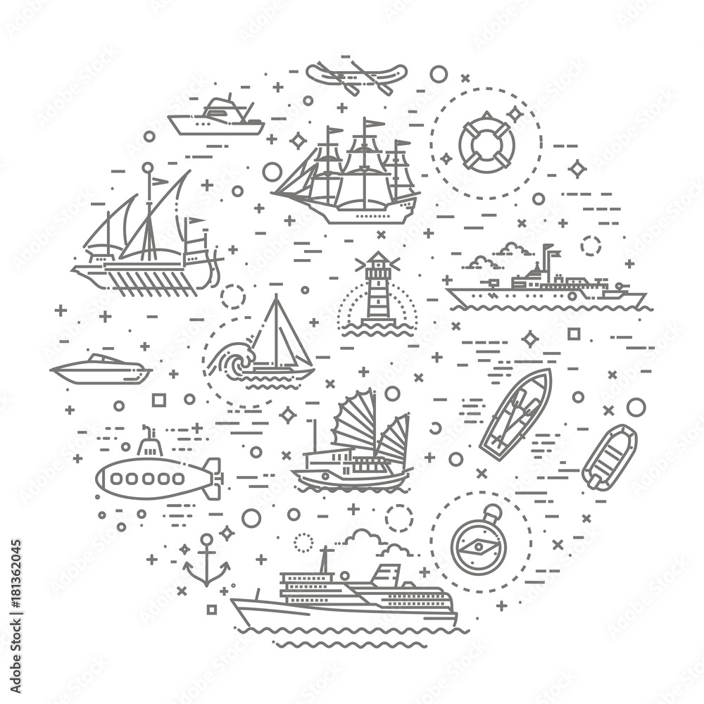 vector line set of ships and boats