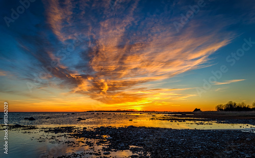 Very golden sunset with beautiful blue sky.