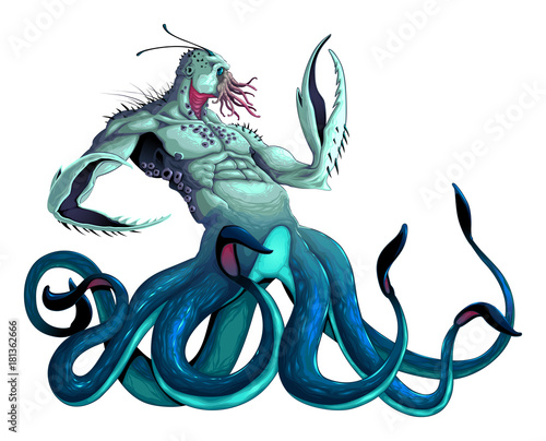 Sea monster with tentacles and claws
