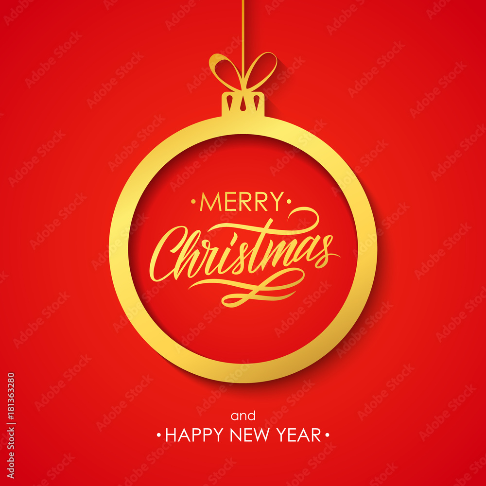 Merry Christmas and Happy New Year greeting card with hand lettering text design, golden christmas ball and red background. Vector illustration. Merry Christmas and Happy New Year greeting card with hand lettering text design, golden christmas ball and red background. Vector illustration.
