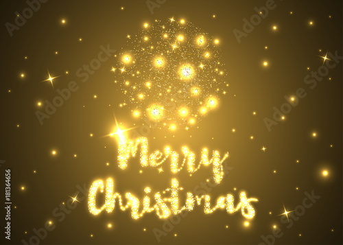 Merry Christmas. Shining Christmas ball and text on dark background. Vector illustration