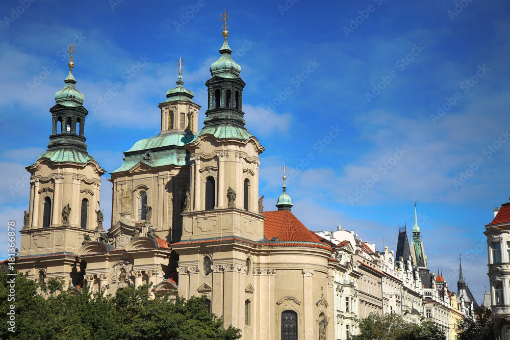 View of Cathedral of Saint Nicolas at the Old Town Square in Prague, Czech Republic