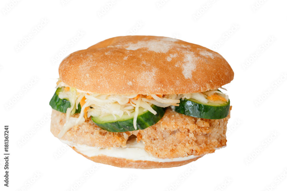 burger with chicken cabbage, cucumber and sauce isolated on white background
burger with chicken cabbage, cucumber and sauce isolated on white background