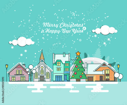 Merry Christmas greeting card. Happy New year wishes. Poster in flat line modern style.