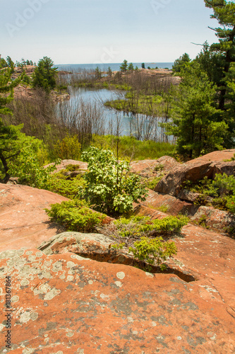  Trees , red rocks and Chikanishing Creek in Killarney Provincial Park Ontario  Canada  photo