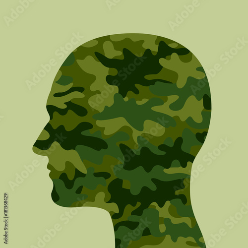Man with green and khaki camouflage head - combatant and soldier. Person is part of army and military armed force. Vectot illustration