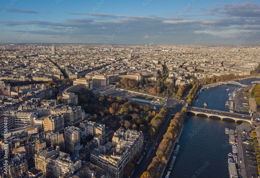 Cityscape of Paris. Aerial view of Trocadero square