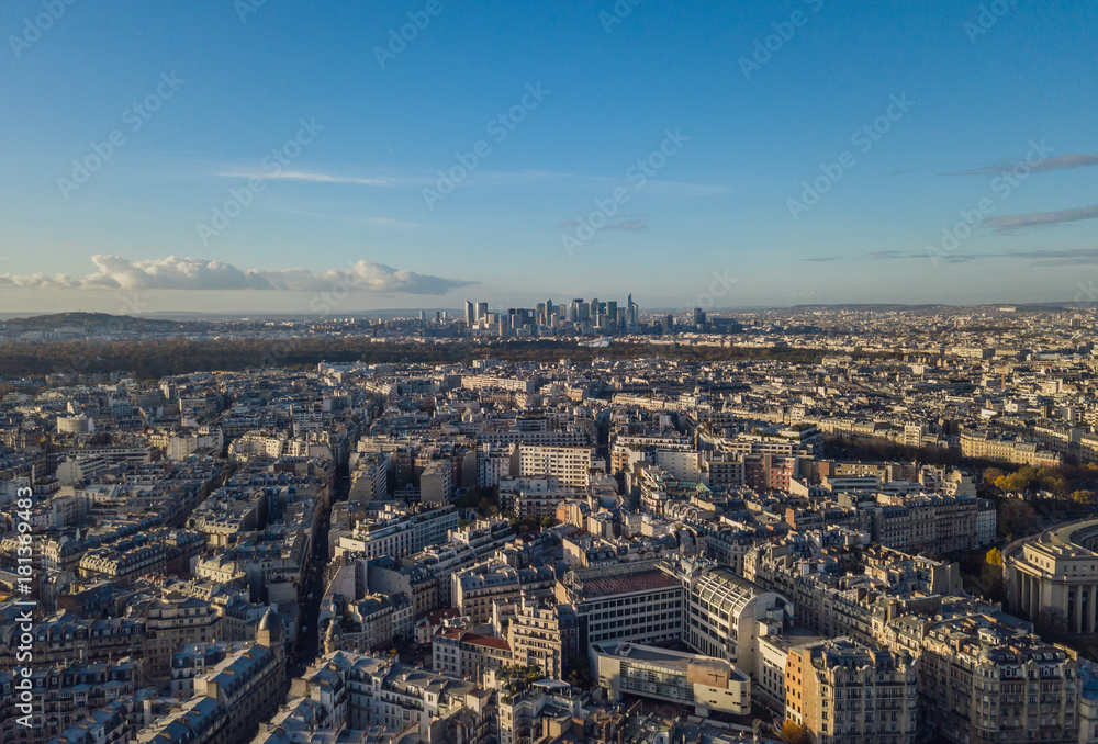 Flying above roofs of Paris, France, november 2017