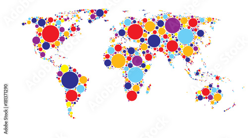 World map of colored circles, multicolor pattern, well organized layers