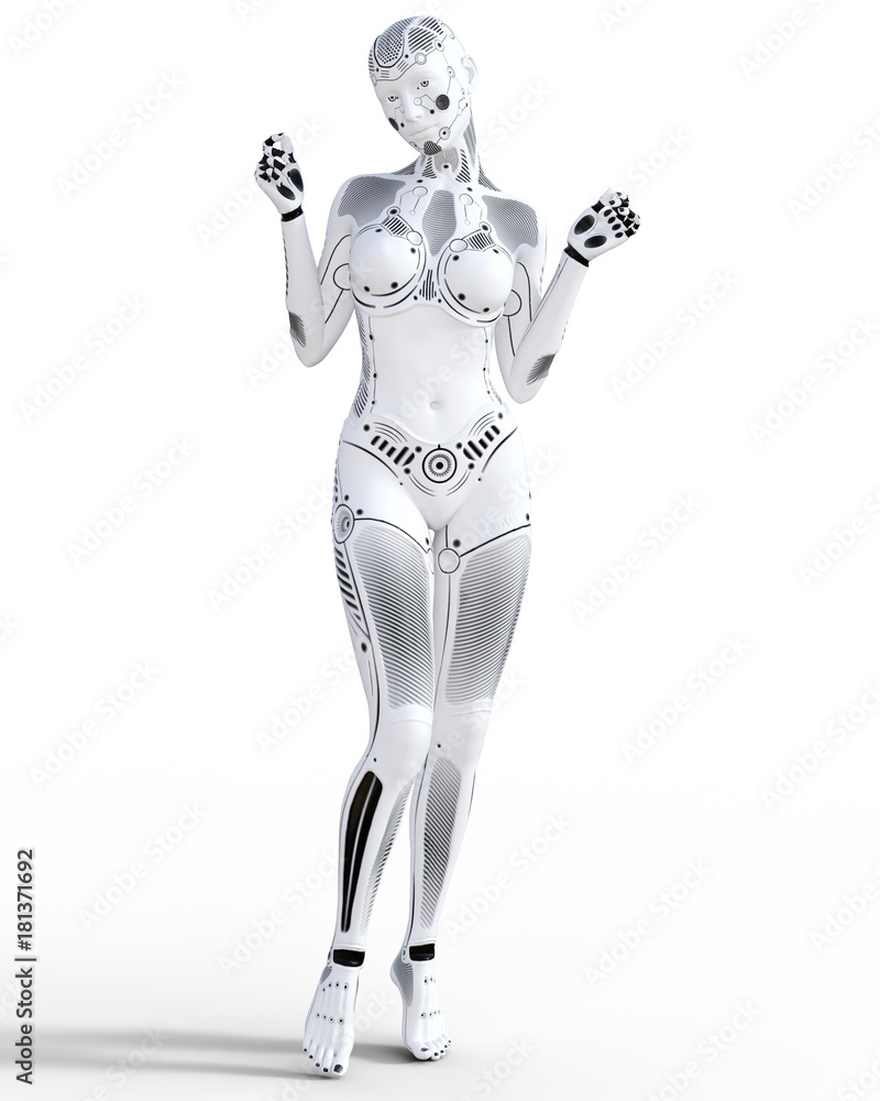 Robot woman. White metal droid. Artificial Intelligence. Conceptual fashion art. Realistic 3D render illustration. Studio, isolate, high key. Robot woman. White metal droid. Artificial Intelligence. Conceptual fashion art. Realistic 3D render illustration. Studio, isolate, high key.