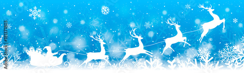 Santa's sleigh banner with snow on blue background