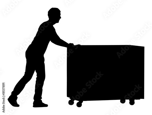 Hard worker pushing wheelbarrow and carry big box vector silhouette illustration isolated on white background. Delivery man moving package  by cart. Service moving transport. Warehouse job activity.