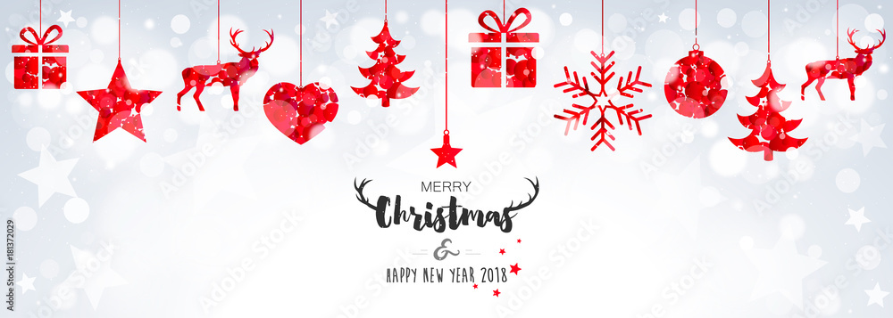 Christmas card 2018 with hanging balls on bokeh