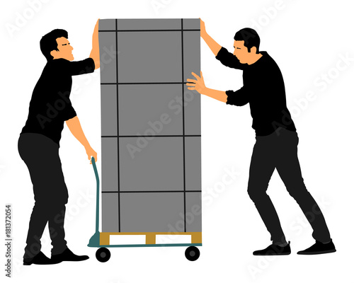 Hard workers pushing wheelbarrow and carry big box vector illustration isolated on white background. Delivery man moving package  by cart. Service moving transport. Warehouse job activity.
