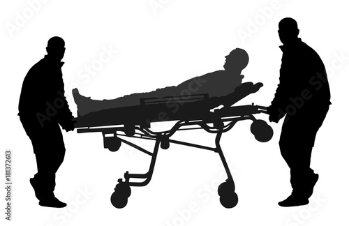 First aid training, help after crash accident transport injured person. Paramedics evacuate injured person. Checking and helping people after body collapse. Health care protection. Lifeguard action.