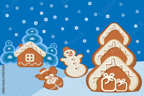 Christmas sweets, decoration of gingerbread. Snowflakes in the sky. A pagan house, a Christmas tree, a snowman and a bear. A vector illustration.