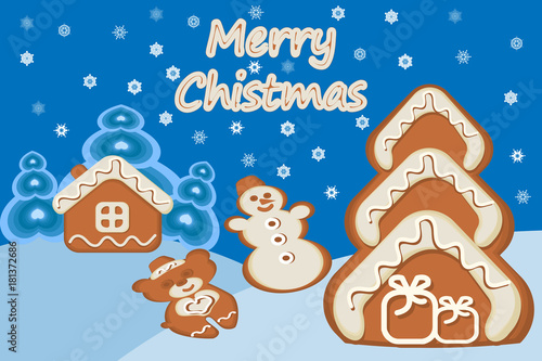 Christmas sweets, decoration of gingerbread. Snowflakes in the sky. A pagan house, a Christmas tree, a snowman and a bear. A vector illustration.