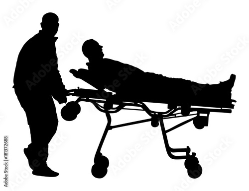 First aid training, help after crash accident transport injured person. Paramedics evacuate injured person. Checking and helping people after body collapse. Health care protection. Lifeguard action.