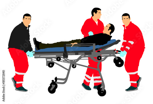 First aid training, help after crash accident transport injured person. Paramedics evacuate injured person. Checking and helping people after body collapse. Health care protection. Lifeguard action.
