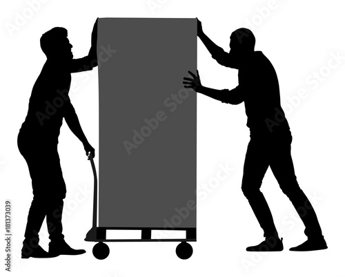 Hard workers pushing wheelbarrow and carry big box vector silhouette illustration isolated on white background. Delivery man moving package  by cart. Service moving transport. Warehouse job activity.