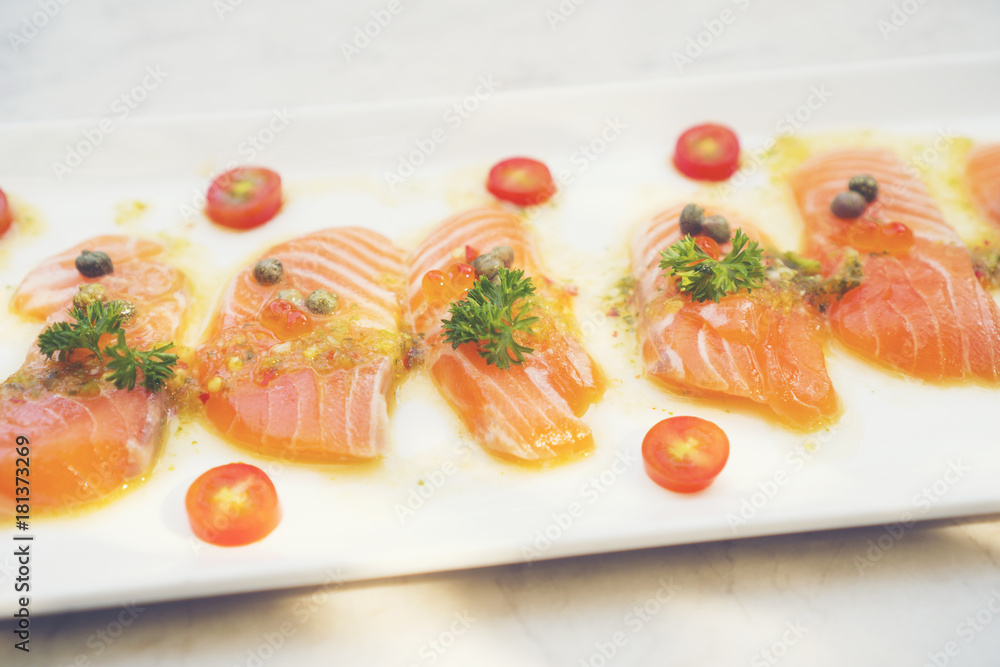 Sashimi salmon set, raw fish, japanese food.(Selective focus)