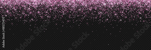 Pink falling particles on dark background, wide banner. Vector