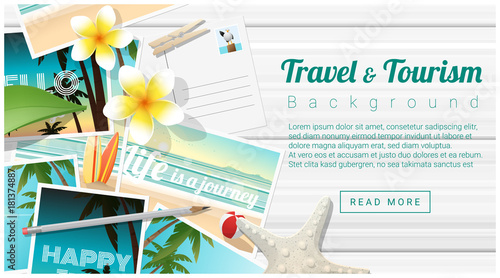 Travel and tourism background with tropical beach postcards on wooden board , vector , illustration