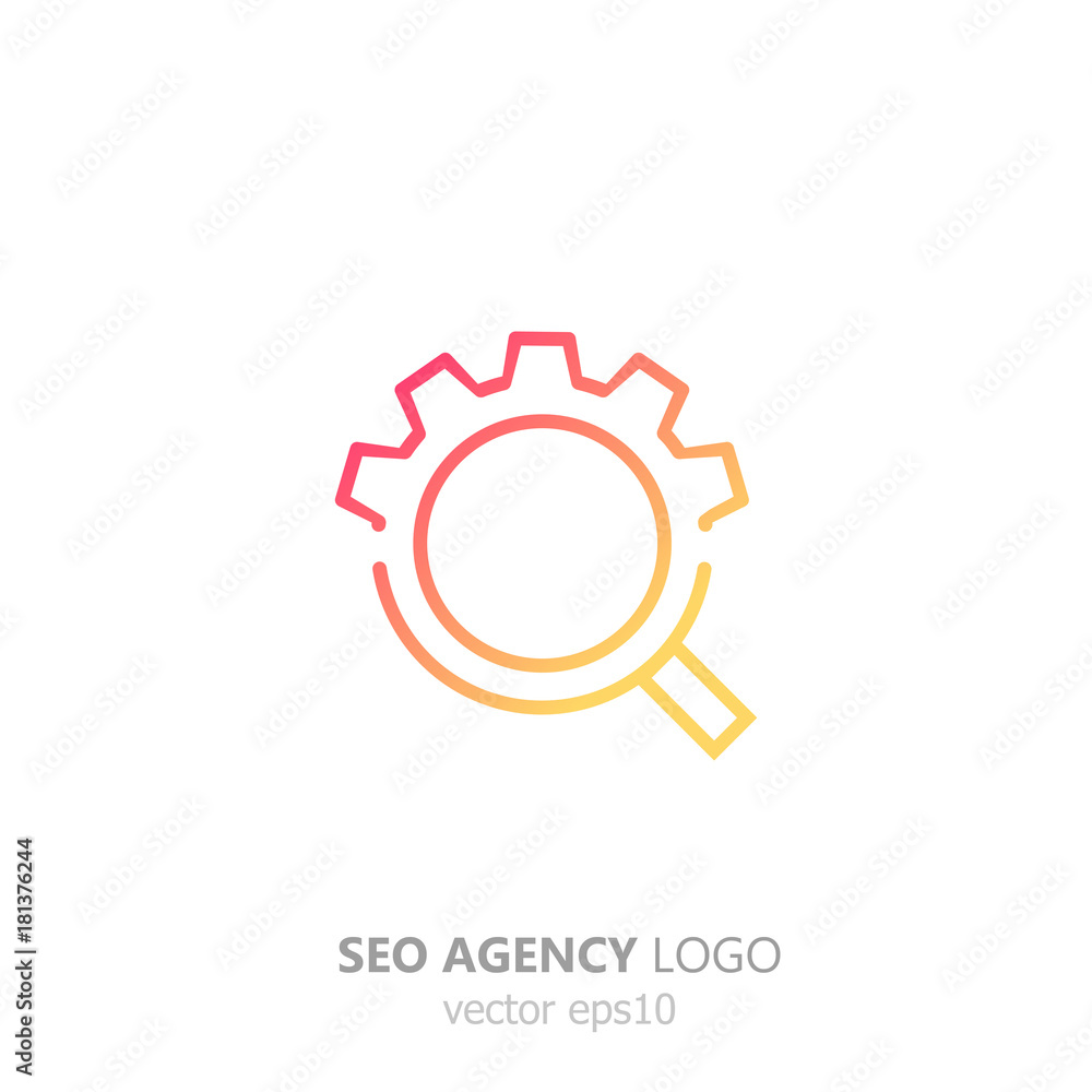 Logo of the seo agency. Magnifying glass with gear. Search and setup