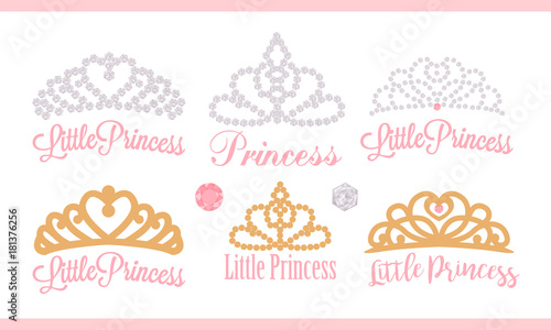 A set of small diadems. Vector design element for royal party ( baby, bridal shower; wedding: birthday) Princess gold crown with gem. Golden silhouettes for laser cutting. Stickers of diamonds. Gems