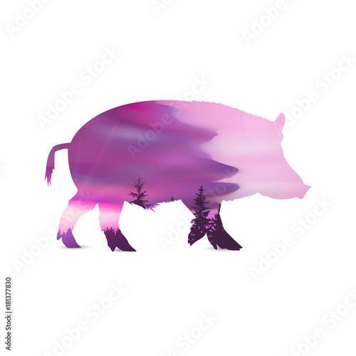 Silhouette of boar with abstract evening sky. Pink piggy.
