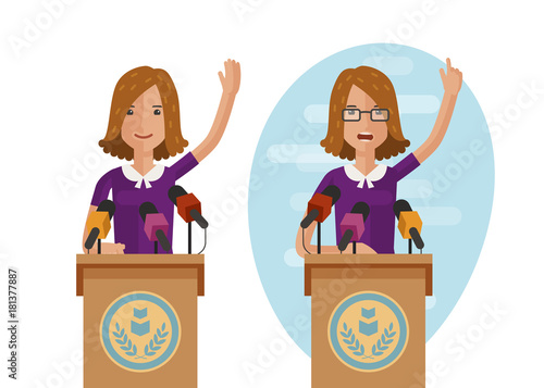 Orator speaks from rostrum. Publicly speech concept. Cartoon vector illustration