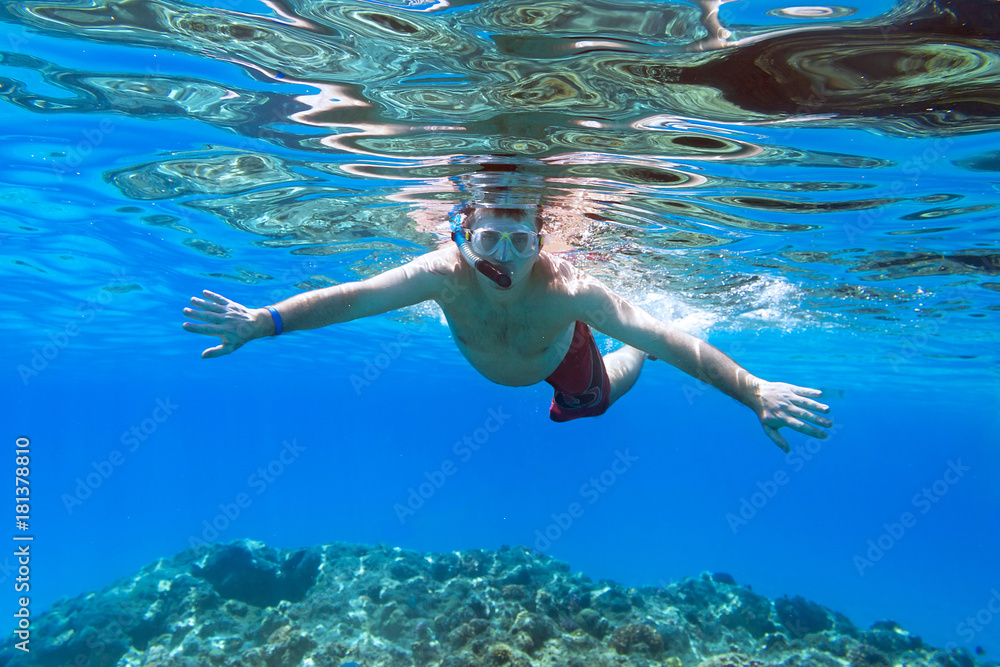 Fototapeta premium Man snorkeling in Red Sea of Egypt
