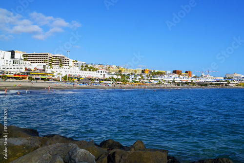 Fototapeta Naklejka Na Ścianę i Meble -  View on Torviscas beach in south Tenerife,Canary Islands,Spain.Travel or vacation concept.Selective focus.