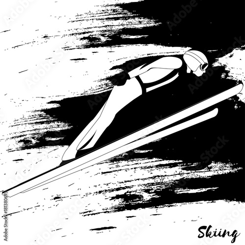 Winter sport. Ski jumping. Vector skier isolate. Black and white sample. Page for coloring book.