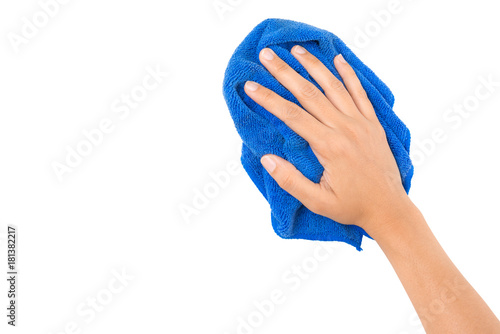 Foto Hand and blue rag cleaning wall