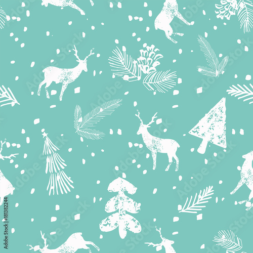 Christmas deer spruce seamless pattern blue background