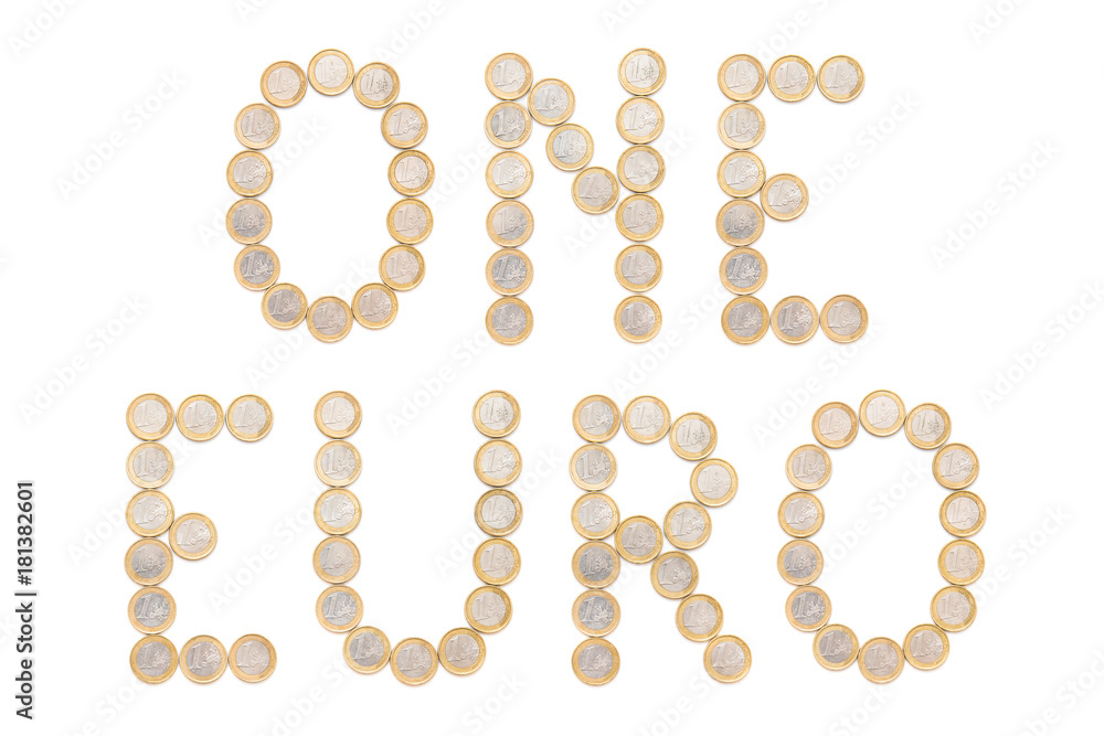 one euro written with coins, the word is made of one euro currency one euro written with coins, the word is made of one euro currency