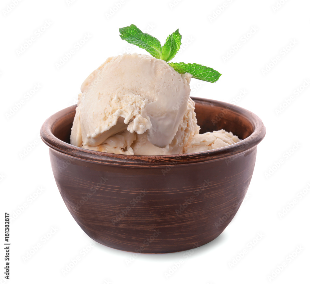 Bowl with caramel ice cream on white background Bowl with caramel ice cream on white background