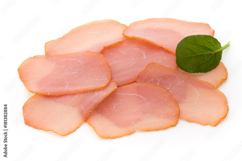 Sliced boiled ham sausage isolated on white background, top view. Sliced boiled ham sausage isolated on white background, top view.