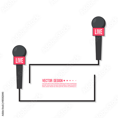 Journalism concept. Live news template with microphone. Symbol breaking news on TV and radio. Journalist, interview, reporter, press, interviewer, mass media, paparazzi, mic text box Vector