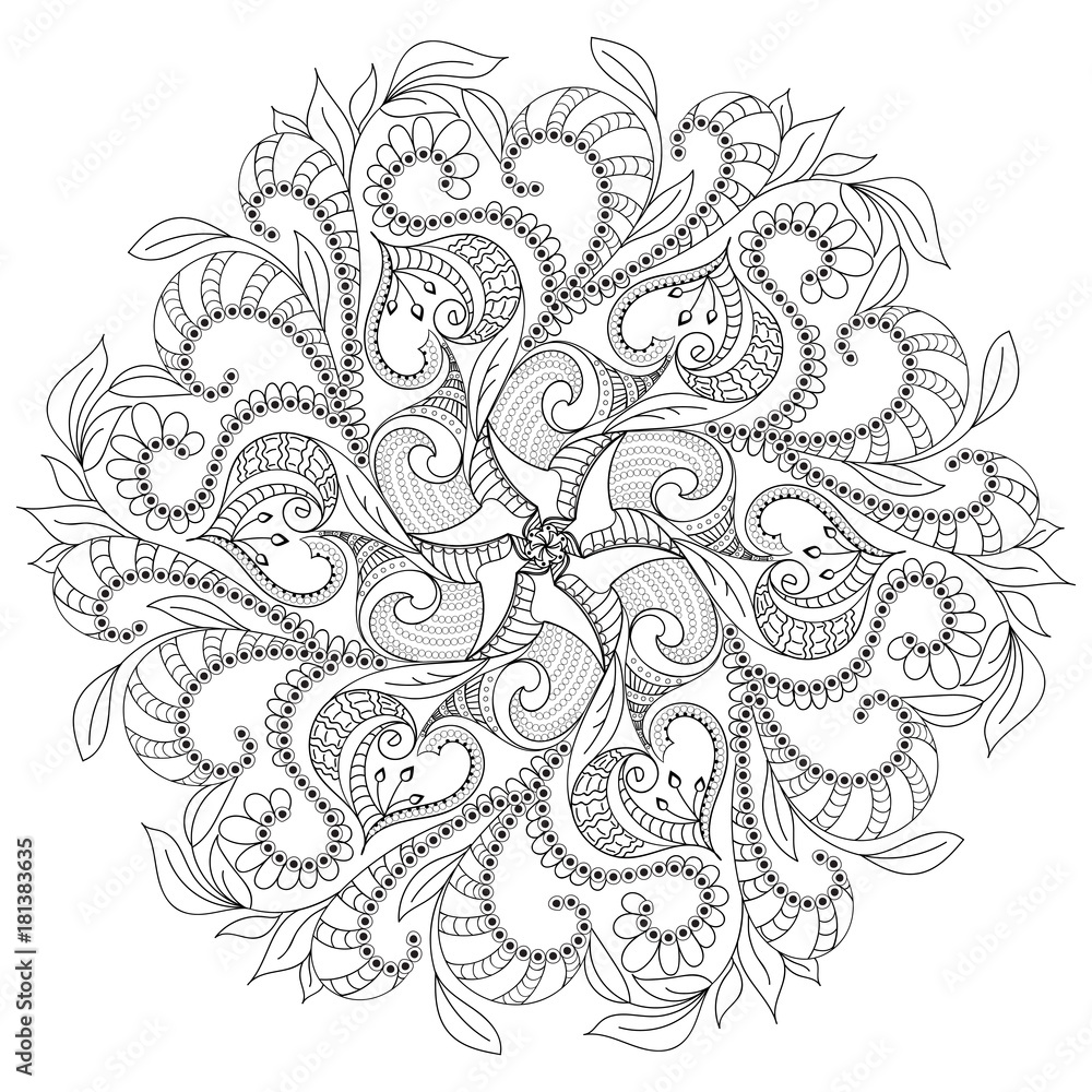 circular floral monochrome pattern with six motifs, for coloring book. Vector illustration