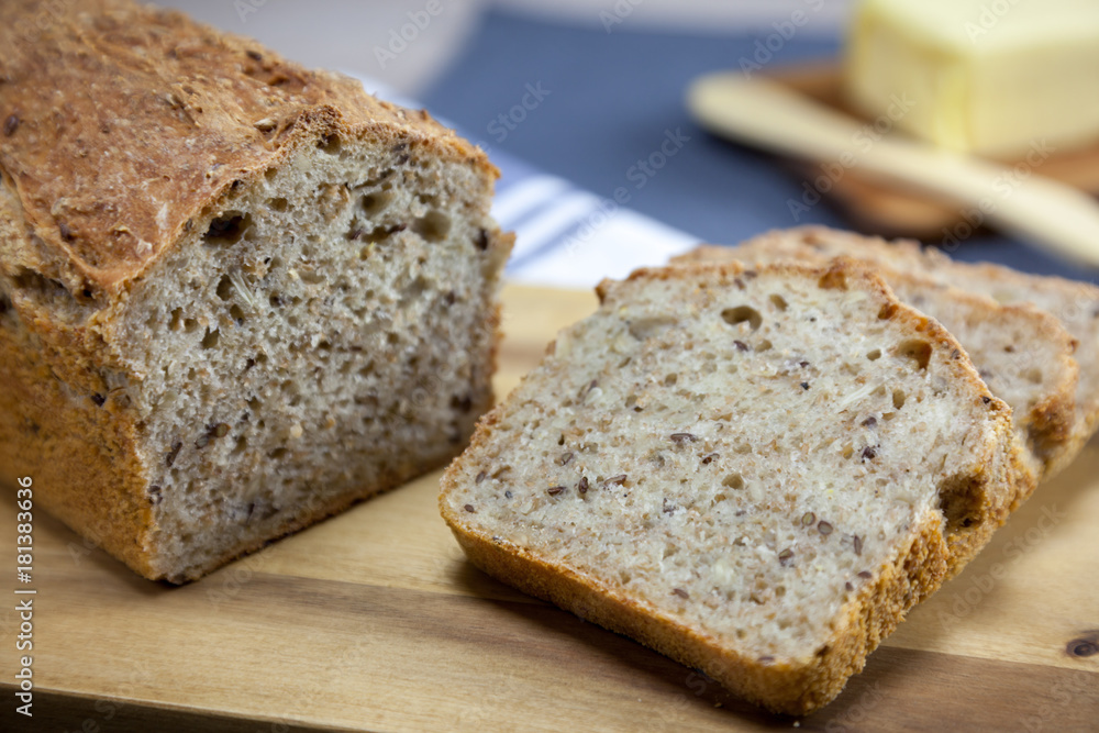 homemade wheat-Rye Bread with slices on the cuttingboard
